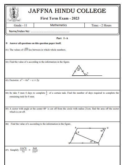 2023 Grade 11 Mathematics 1st Term Test Paper |  English Medium
