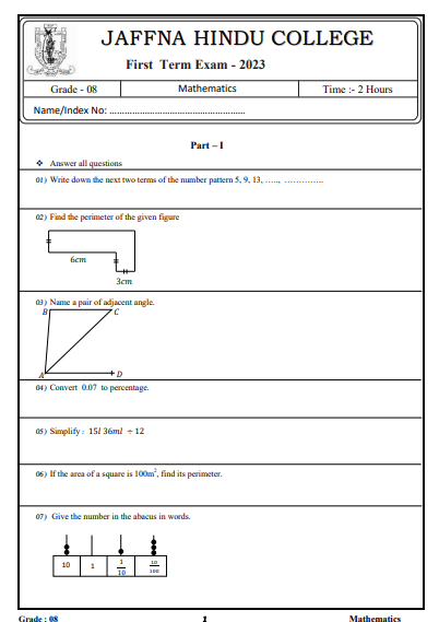 2023 Grade 08 Maths 1st Term Test Paper |  English Medium