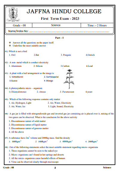 2023 Grade 08 Science 1st Term Test Paper |  English Medium