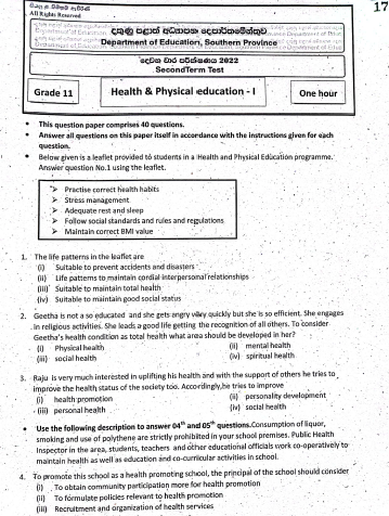 2022 Grade 11 Health 2nd Term Test Paper | English Medium
