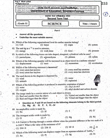 2022 Grade 11 Science 2nd Term Test Paper | English Medium