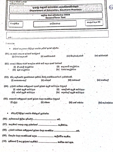 2022 Grade 06 Dancing 2nd Term Test Paper | Sinhala Medium
