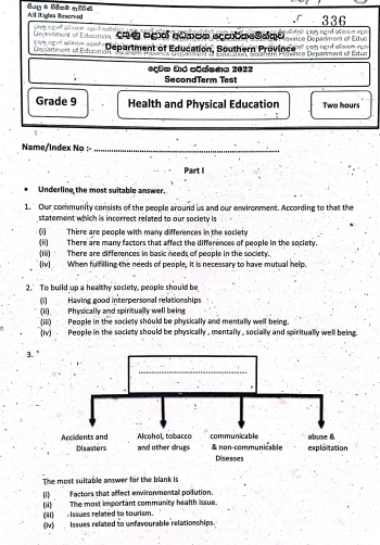2022 Grade 09 Health 2nd Term Test Paper | English Medium