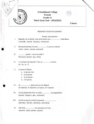 2022 Grade 11 Franch 3rd Term Test Paper