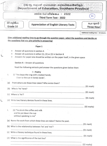 2022 Grade 10 English Literature 3rd Term Test Paper | English Medium