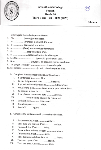 2022 Grade 10 French 3rd Term Test Paper