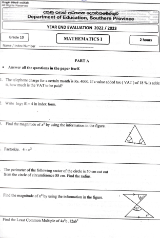 2022 Grade 10 Maths 3rd Term Test Paper | English Medium