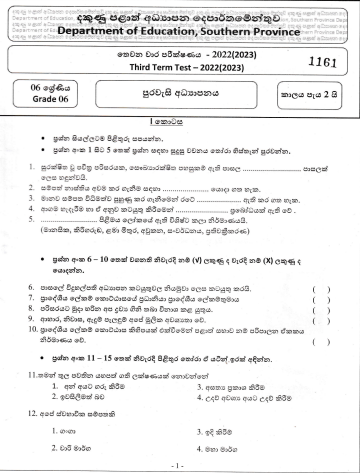 2022 Grade 06 Civic Education 3rd Term Test Paper | Sinhala Medium