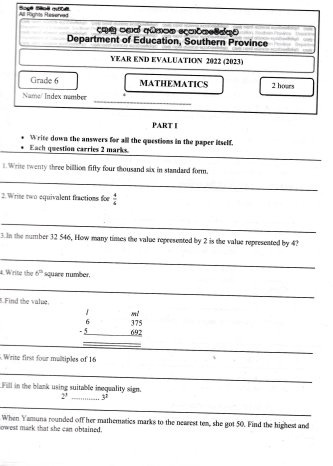 2022 Grade 06 Maths 3rd Term Test Paper | English Medium