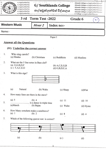 2022 Grade 06 Western Music 3rd Term Test Paper | English Medium