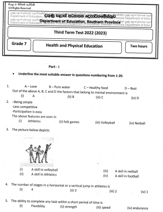 2022 Grade 07 Health 3rd Term Test Paper | English Medium