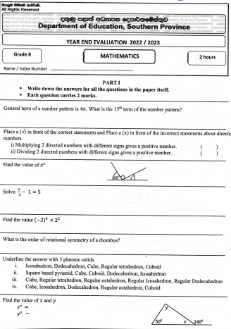 2022 Grade 08 Maths 3rd Term Test Paper | English Medium