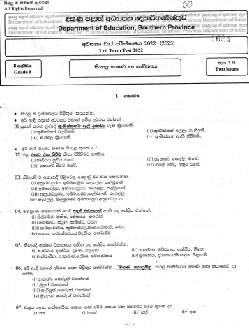 2022 Grade 08 Sinhala 3rd Term Test Paper | Sinhala Medium