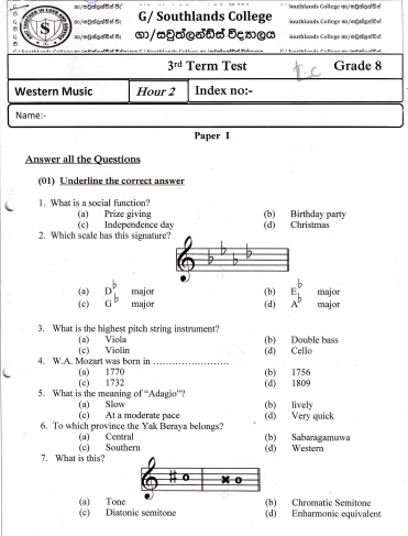 2022 Grade 08 Western Music 3rd Term Test Paper | English Medium