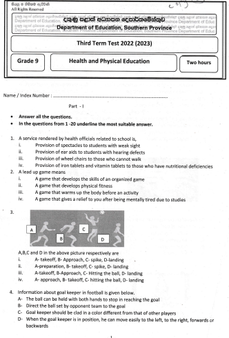 2022 Grade 09 Health 3rd Term Test Paper | English Medium