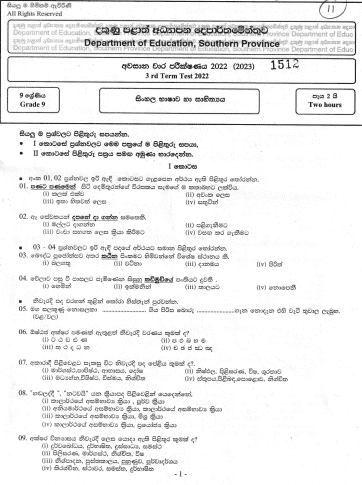 2022 Grade 09 Sinhala 3rd Term Test Paper