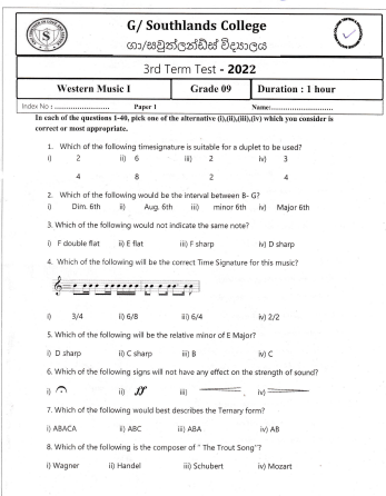 2022 Grade 09 Western Music 3rd Term Test Paper | English Medium