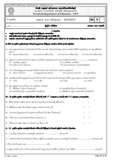 2022 Grade 07 Buddhism 3rd Term Test Paper | North Western Province