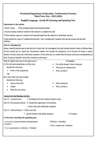 2022 Grade 09 English Listening And Speaking 3rd Term Test Paper  North Western Province