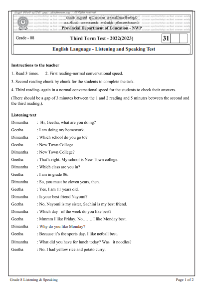 2022 Grade 08 English Listening And Speaking 3rd Term Test Paper  North Western Province