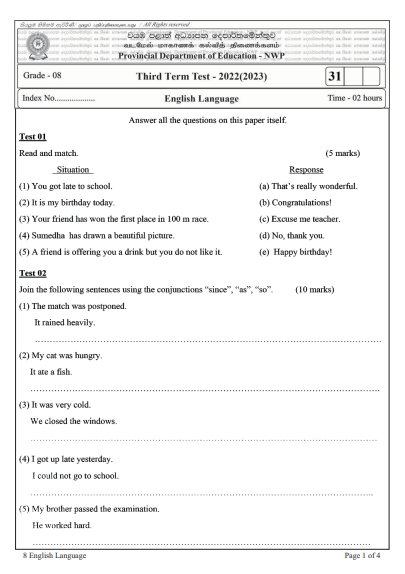 2022 Grade 08 English 3rd Term Test Paper with Answers  North Western Province