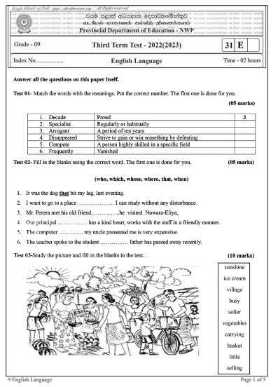 2022 Grade 09 English 3rd Term Test Paper with Answers North Western Province