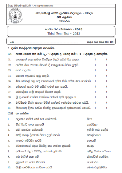 2023 Grade 03 Environment 3rd Term Test Paper | Sri Bodhi Primary School 