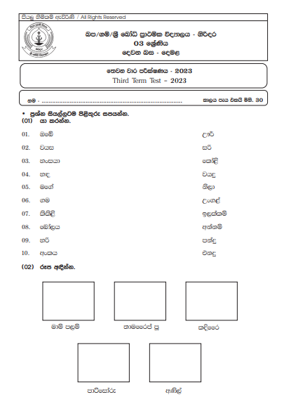 2023 Grade 03 Tamil 3rd Term Test Paper | Sri Bodhi Primary School