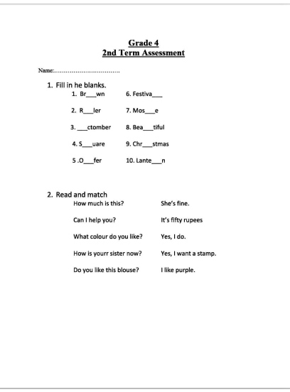 2019 Grade 04 English 2nd Term Test Paper 