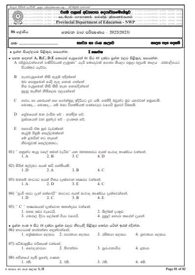 2022 Grade 06 Drama 3rd Term Test Paper with Answers  North Western Province