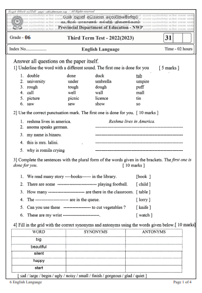 2022 Grade 06 English 3rd Term Test Paper with Answers  North Western Province