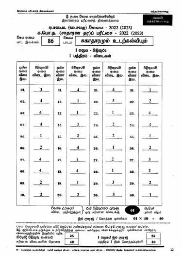 2022(2023) OL Health And Physical Education Marking Scheme  Tamil Medium