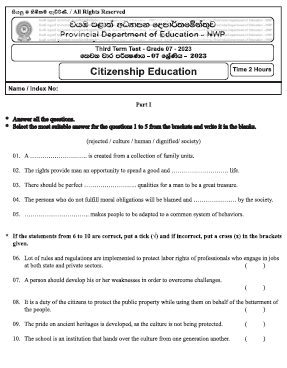 2023(2024) Grade 07 Civic 3rd Term Test Paper (English Medium) | North Western Province