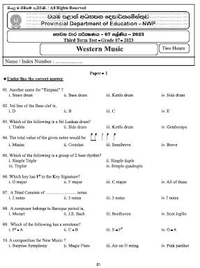 2023(2024) Grade 07 Music 3rd Term Test Paper (English Medium) | North Western Province