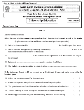 2023(2024) Grade 06 Civic 3rd Term Test Paper (English Medium) | North Western Province
