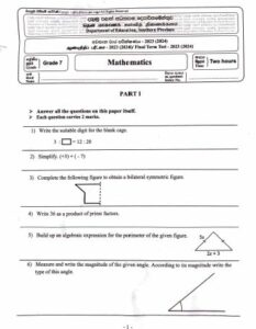 Southern Province 2023(2024) Grade 07 Maths 3rd Term Test Paper ...