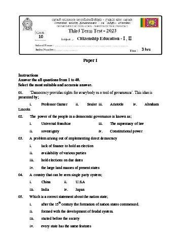 North Central Province 2023(2024) Grade 10 Civic 3rd Term Test Paper with Answers | English Medium