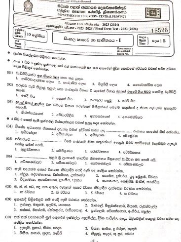 Central Province 2023(2024) Grade 10 Sinhala 3rd Term Test Paper
