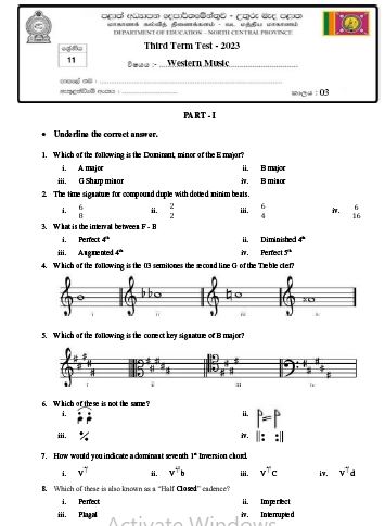 North Central Province 2023(2024) Grade 11 Music 3rd Term Test Paper with Answers | English Medium