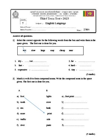 North Central Province 2023(2024) Grade 07 English 3rd Term Test Paper with Answers