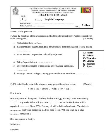 North Central Province 2023(2024) Grade 08 English 3rd Term Test Paper with Answers
