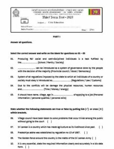 North Central Province 2023(2024) Grade 09 Civic 3rd Term Test Paper ...