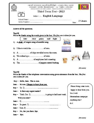 North Central Province 2023(2024) Grade 09 English 3rd Term Test Paper with Answers