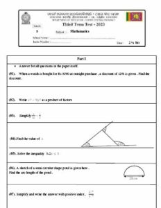 North Central Province 2023(2024) Grade 09 Maths 3rd Term Test Paper ...