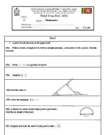 North Central Province 2023(2024) Grade 09 Maths 3rd Term Test Paper with Answers | English Medium