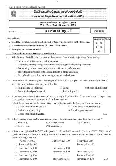 2023 Grade 13 Accounting 3rd Term Test Paper | North Western Province