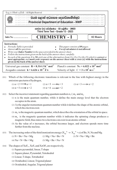 2023 Grade 13 Chemistry 3rd Term Test Paper | North Western Province - English Medium