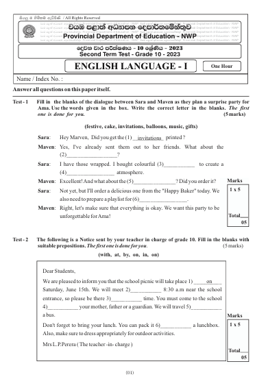 2023 Grade 10 English 2nd Term Test Paper North Western Province 9486