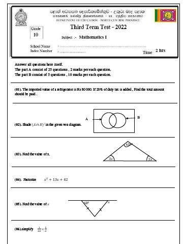North Central Province 2022 Grade 10 Maths 3rd Term Test Paper with Answers | English Medium