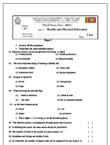 North Central Province 2022 Grade 06 Health 3rd Term Test Paper with Answers | English Medium